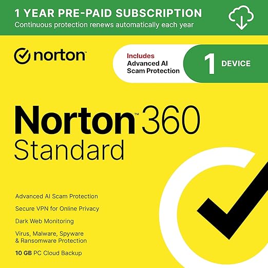 Norton 360 Standard 2026 Ready, Antivirus software for 1 Device with Auto-Renewal – Includes Advanced AI Scam Protection