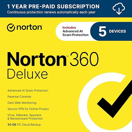 Norton 360 Deluxe 2026 Ready, Antivirus software for 5 Devices with Auto-Renewal – Includes Advanced AI Scam Protection