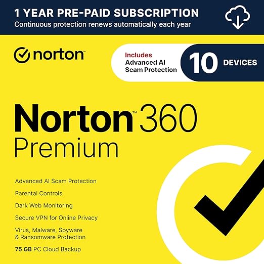 Norton 360 Premium 2026 Ready, Antivirus software for 10 Devices with Auto-Renewal – Includes Advanced AI Scam Protection